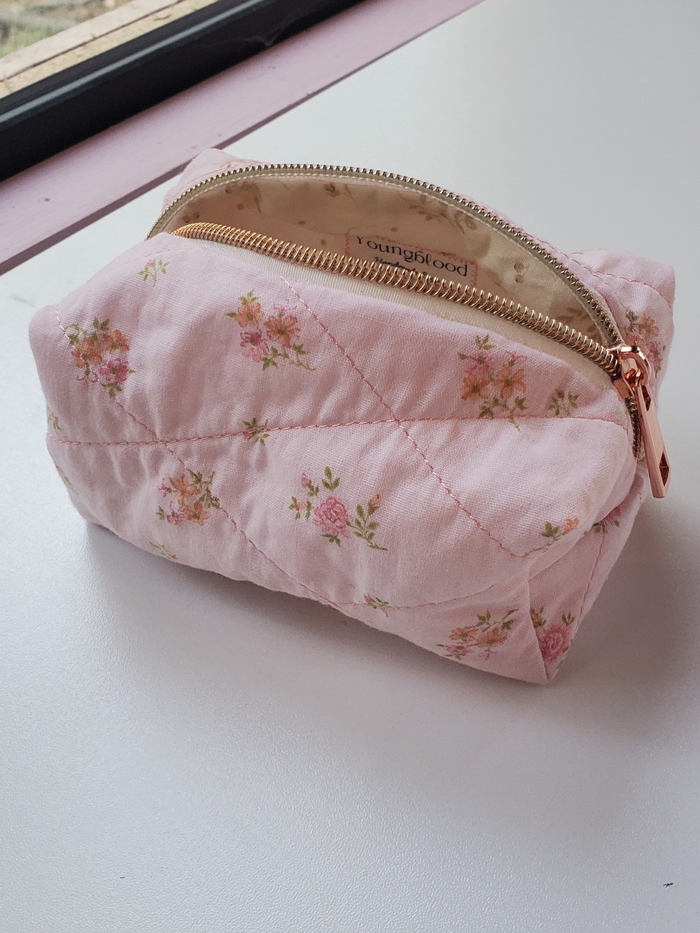 Mini Pink Floral Quilted Boxy Makeup Bag
